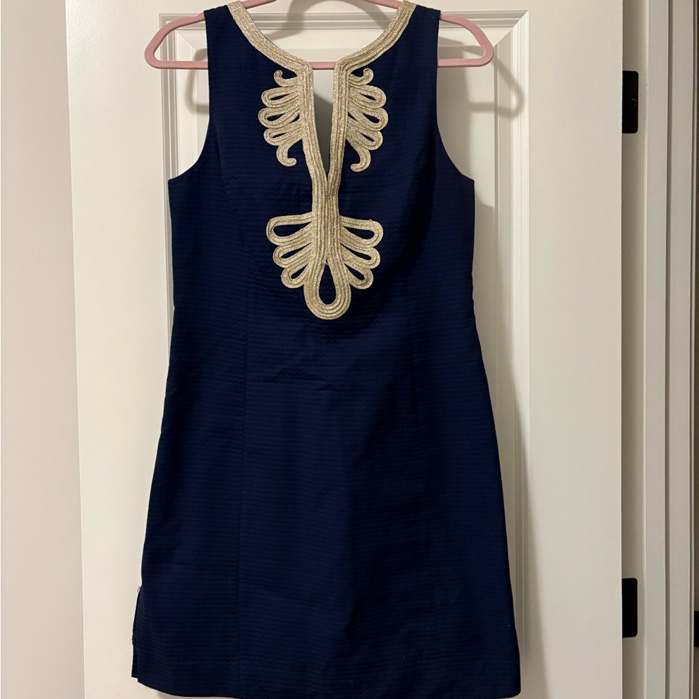 Lilly Pulitzer Navy Blue Midi Dress with Gold Trim